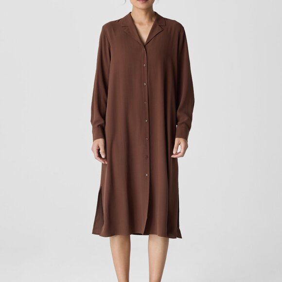 Eileen Fisher Silk Georgette Crepe Notch Collar Shirtdress Clove Color Size PS - Picture 6 of 8